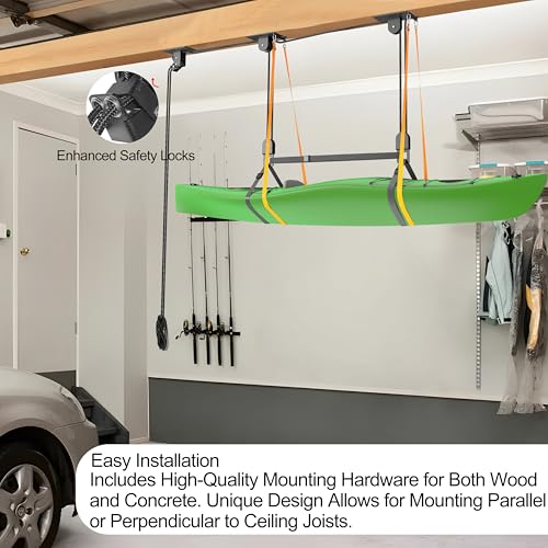 TRUSOON Kayak Hoist, Canoe Pulley for Garage Ceiling, 150 lbs, Black | Fits SUPs bikes ladders and cargo boxes, overhead space saver, heavy duty capacity, 2:1 mechanical advantage