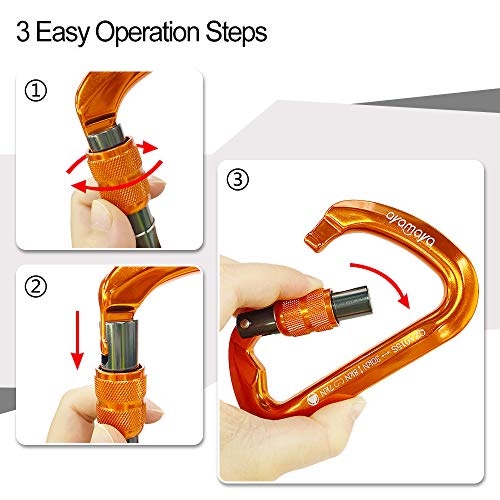 Ayamaya Climbing Carabiners - 3 Pack Screwgate Locking Carabiner 30KN (6744 lbs) Heavy Duty Gears for Rock Climbing, Rappelling, Swing Rescue & Gym, Large D-Shaped Carabiners - color: Orange