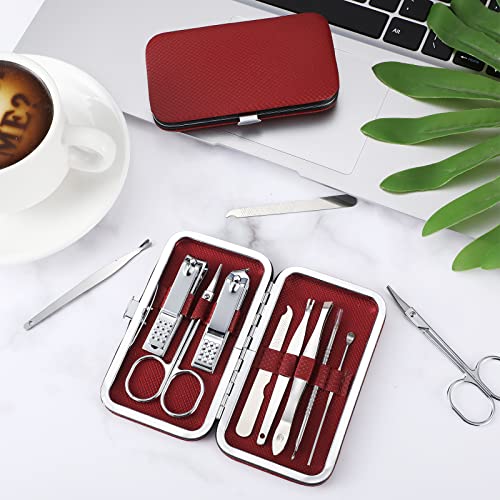 Geosar 12 Sets Manicure Set Nail Clippers Pedicure Kit 8 in 1 Grooming Stainless Steel Kits Nail Care Tools with Travel Case for Employee Coworker Teachers Nurse Gifts(Wine Red) - color: Wine Red