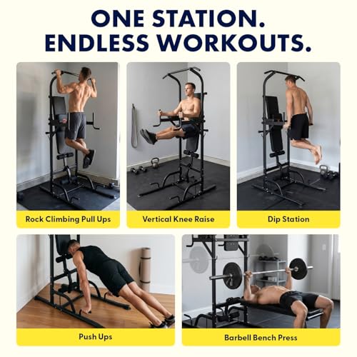 SQUATZ Pull-Up Dip Station - Your All-in-One Power Tower Gym and Chin-Up Bar Stand with Collapsible Bench for Home Exercise and Bench Press