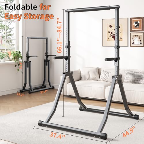 Foldable Pull Up Bar Station 66.1''-84.6'' Power Tower - color: 66"-85" with Dual Dip Handles & Assistance Bands