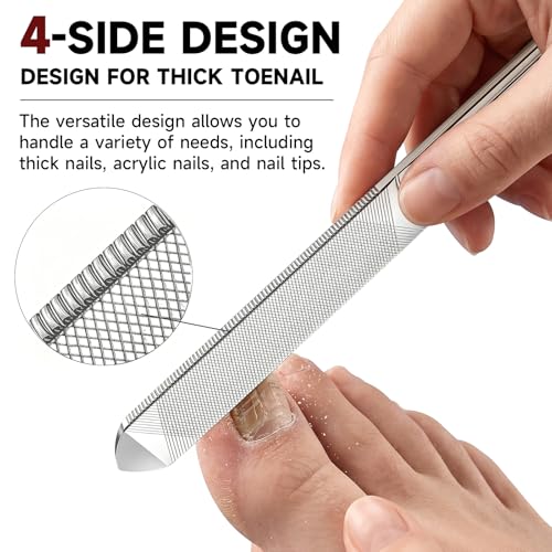 Heavy Duty Metal Nail File for Thick Toenail Fingernail with Leather Case | 7-inch 4-Sided Professional Large Thickened Nail Filer for Seniors, Durable Stainless Steel, Non-Slip Handle, Nail Care Tool