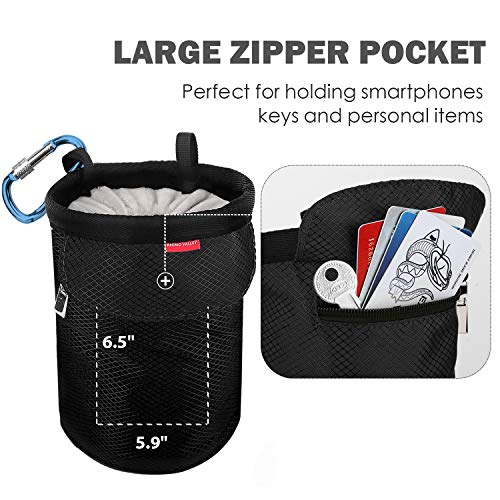 Rhino Valley Climbing Chalk Bag, No Leak Drawstring Chalk Bag with Adjustable Belt, Carabiner Clip and Zippered Pockets Chalk Bag for Rock Climbing, Cross Fit, Weight Lifting & More - color: Black