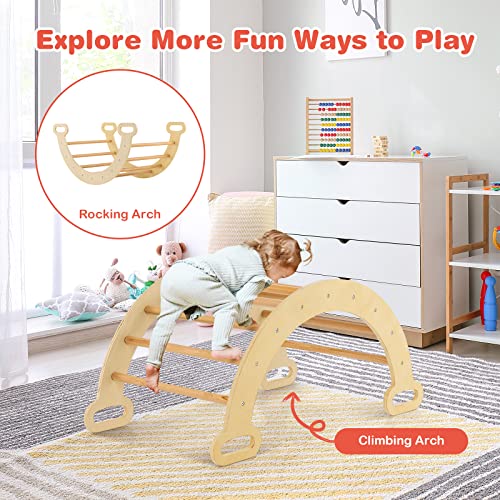 HONEY JOY 5 in 1 Wooden Climbing Toys for Toddlers, Triangle Climber with Ramp for Sliding or Climbing, Indoor Beech Montessori Triangle Climbing Arch Set for Daycare, Gym & Playground, Natural - style: 5 In 1