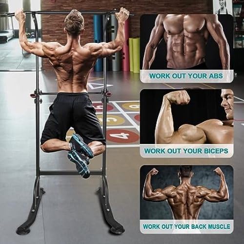 Power Tower Workout Station, Height Adjustable 66.5"-82.7" Multi-Function Dip Stand with 330 LBS Capacity, Pull Up Bar for Home Gym Strength Training, Heavy Duty Steel Frame, Black