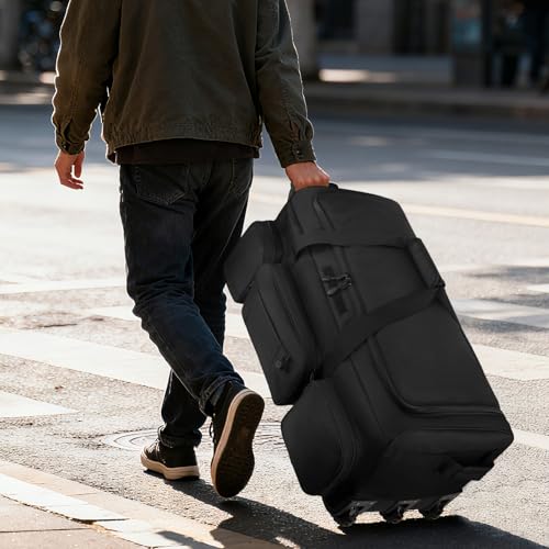 120L 3 Wheel Tactical Rolling Duffle Bag, Heavy Duty Military Deployment Luggage, 900D Waterproof Duffel for Camping Travel Outdoor Sports - color: Black