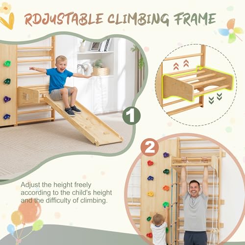 10-in-1 Swedish Ladder Indoor Jungle Gym for Kids Ages 3–12, 500 LBS Wooden Wall-Mounted Climbing Set with Slide, Swing, Rings, Monkey Bars – Montessori Play & Fitness Playground - size: 10-in-1