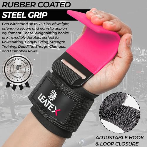 Weight Lifting Hooks (Pair) for Deadlifts, Pull Ups, Rows & Shrugs - Anti-Rip Nylon Strap Hand Grips with Thick Wrist Padding - Heavy Duty Wrist Straps for Weightlifting & Gym Workouts - color: Pink