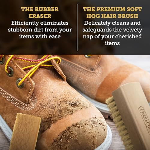 Care & Cool Suede & Nubuck Basic Cleaner Kit, 100% Hog Hair Brush & Eraser | 3.94"x1.38" Brush, Gentle Cleaning, Nap & Breathability Restoration, No Water Needed, Ideal for Velvet, Leather, Canvas, Knit