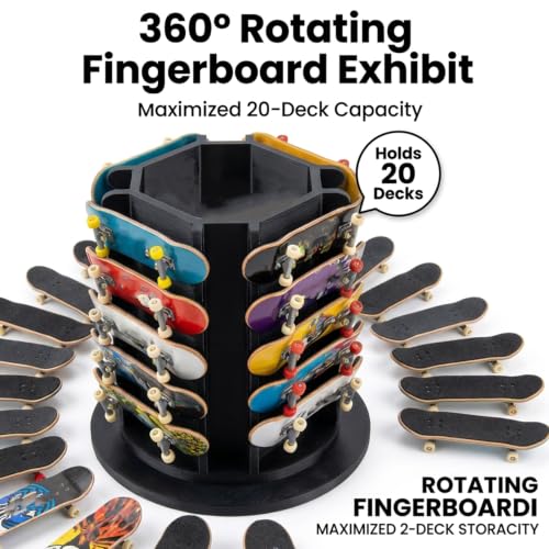 Fingerboard Display Rack Holder,360° Rotating,Pro Finger Skateboard Organizer for 20 Decks and Accessories,with Center Storage,Desktop Storage Tower for Fingerboard and Mini Collectibles,Heavy Duty
