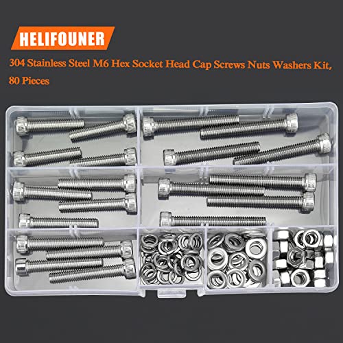 HELIFOUNER 80 Pieces M6 x 30mm /35mm /40mm /45mm /50mm, Hex Socket Head Cap Metric Screws Bolts Washers Nuts Kit, 304 Stainless Steel - size: M6 x 30/35/40/45/50mm