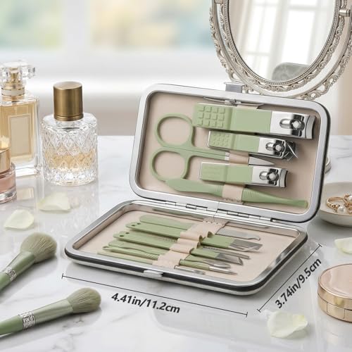 13-Piece Manicure Kit for Women Nail Travel Stainless Steel | Nail Clippers Set Pedicure Grooming With Travel Case Portable With Exquisite Leather for Men Women(Green)
