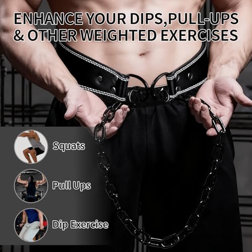 Heavy-Duty Leather Weightlifting Dip Belt with Steel Chain—Weightlifting, Squats, Deadlifts, Weighted pull-ups, Push-ups and Progressive Resistance Training - color: Black
