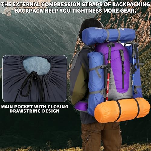 75L Hiking Backpack with Rain Cover Waterproof Camping Backpack Shoes Warehouse for Men Women, Frameless - color: Purple, size: 60L