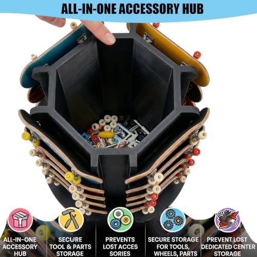 Fingerboard Display Rack Holder,360° Rotating,Pro Finger Skateboard Organizer for 20 Decks and Accessories,with Center Storage,Desktop Storage Tower for Fingerboard and Mini Collectibles,Heavy Duty
