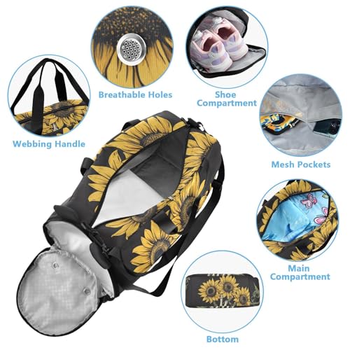 Kids Sports Duffel Bag for Boys & Girls - Skull Hand Skeleton Sunflower 100% Polyester Gym Bag with Separate Shoe Compartment, Adjustable Shoulder Strap, Compact Travel & Workout Gear - color: Skull Hand Skeleton Sunflower