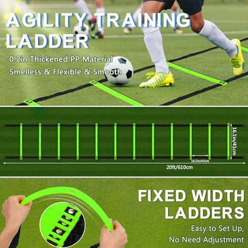 Fixed Rung Agility Ladder - 20ft 12 Rungs No Tangle Speed and Agility Training Equipment for Soccer Footwork Training with Carrying Bag/Ground Stakes for Adults Youth Kids - color: Green