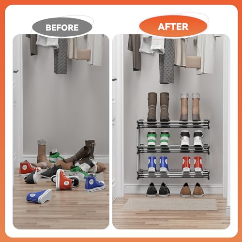 3 Tier Narrow Shoe Rack with Hook and Loop Sticky Adhesive Strips Shoe Shelf for Wall Mounted Slim Shoe Rack Space Saving Design Wall Shoe Organizer for RV - color: Black