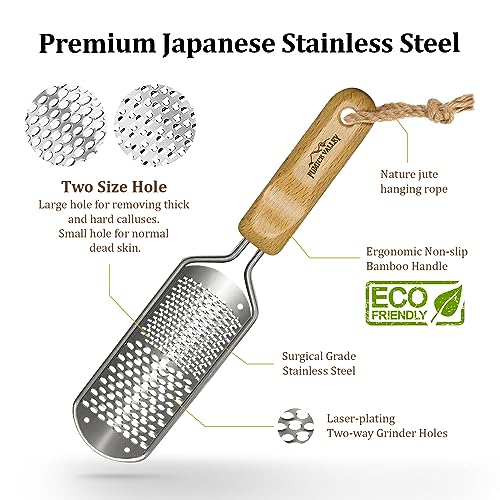 Foot Rasp Callus Remover - Pedicure Scrubber for Cracked Feet, Heel - Professional Stainless Steel File - Remove Dead Skin Corns with Wooden Handle - style: Mixed-Grained Rasp