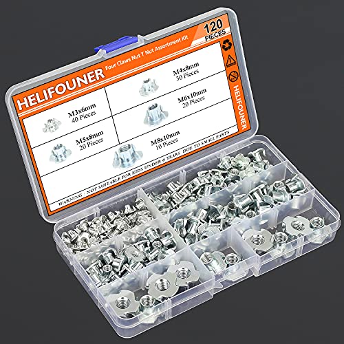 HELIFOUNER 120 Pieces M3 M4 M5 M6 M8 T Nuts Four Claw Nuts Assortment Kit for Wood, Rock Climbing Holds, Cabinetry