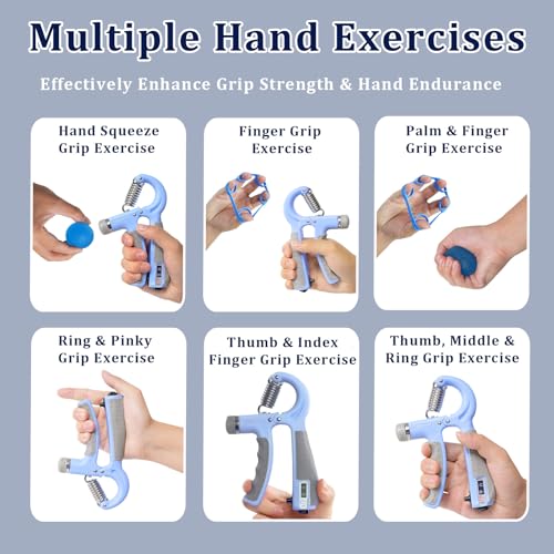CYFIE Grip Strength Trainer Kit, Adjustable 10-132 lb, Hand Exerciser | Forearm Strengthener, Finger Stretcher, Stress Ball and Bag for Grip Recovery, Wrist Training, Rehab, Climbers and Musicians - color: Blue