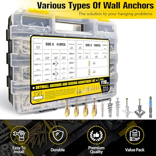1100Pcs Drywall Anchors and Screws Kit for Drywall Hollow Wall Mount