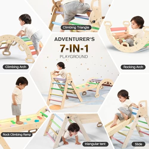 BlueWood Pikler Triangle Set with Safe Handle, Climbing Toys for 1-3 Year | Foldable 7-in-1 Montessori Toddler Climbing Toys Indoor, Wooden Pickler Climbing Set, Baby Jungle Gym & Playground, Rainbow - color: Rainbow