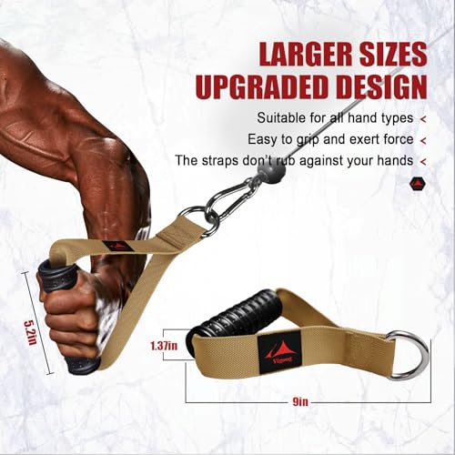 Heavy Duty Gym Exercise Handles Attachment for Cable Machine,Resistance Band,Pulley System Home Fitness Workout Equipment, with Elastic Rubber Grip and 2 Large Carabiners - color: Noble Khaki