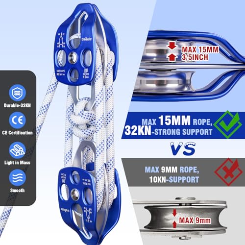 Heavy-Duty Double Block and Tackle Pulley System – 100Ft x 1/2'' Rope, 7700 LB(35KN) Breaking Strength, 4:1 Lifting Ratio – Ideal for Garage, Attic, and Heavy Lifting Applications - size: 1/2'' x 100ft
