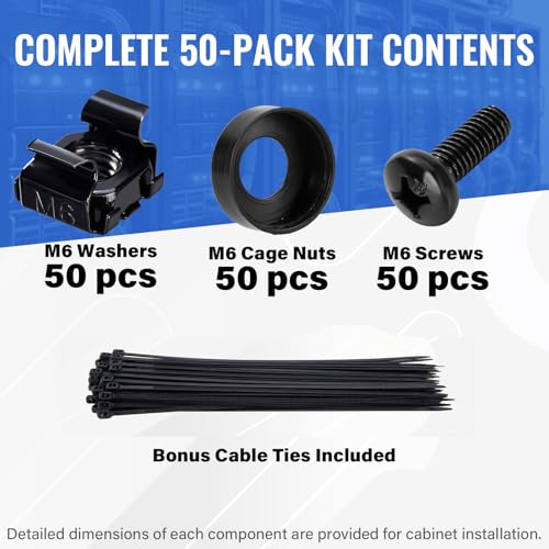 50 Pack M6 x 16mm Rack Mount Cage Nuts, Screws & Washers for Server Cabinet, Network Rack Accessories, Routers - Free Self-Locking Cable Ties