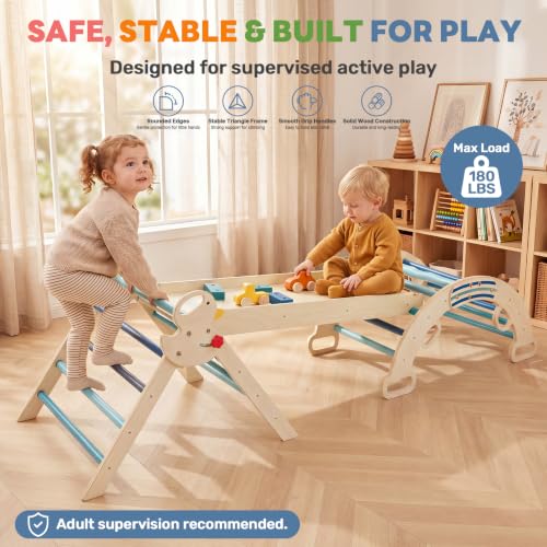 DUMOS 9-in-1 Pikler Triangle Set for Toddlers, Foldable Montessori Climbing Toys Indoor, Wooden Jungle Gym with Arch Rocker, Reversible Ramp, Ladder, Toy Cars and Blocks, Navy Blue - color: Navy Blue