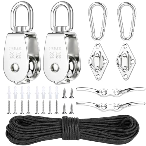 M25 Stainless Steel Pulley System Kit,Pulley Block with Nylon Rope | 2 Pack M25 Heavy Duty Pulleys Wheel with Rope Cleat, Eye Pad Plate and Hooks for Sun Shade Sail, Clothesline | 2 Pack M25 Heavy Duty Pulleys Wheel with Rope Cleat, Eye Pad Plate and Hook