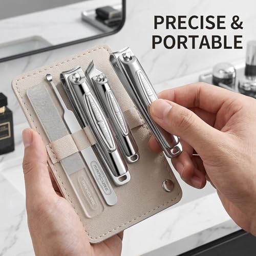 Nail Clippers for Men, 5pcs Professional Manicure Set with Sharp Slanted German Clippers, Stainless Steel Travel Pedicure Tools for Precise Hand Foot and Nail Grooming in Portable Leather Case