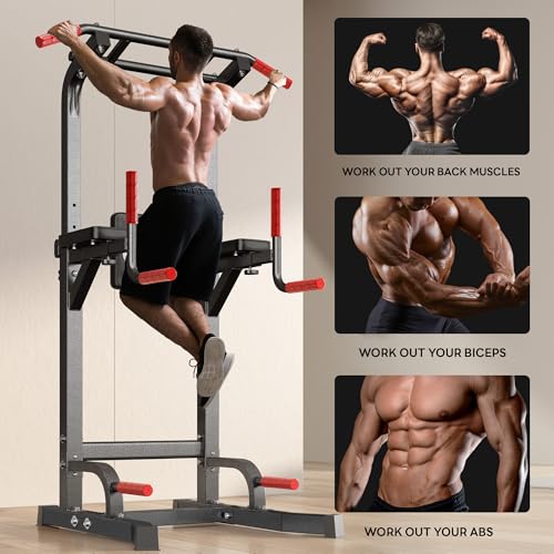 SogesPower Power Tower Pull Up Bar Station Multi-Function Dip Station | Adjustable Height Pull Up Dip Station Dip Bar Strength Training Fitness Equipment,Up to 500LBS - color: Black