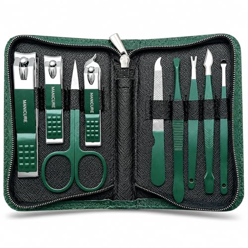 Professional Manicure Set – 9-Piece Stainless Steel Nail Clippers & Pedicure Grooming Kit with Portable Dark Green Leather Travel Case for Men