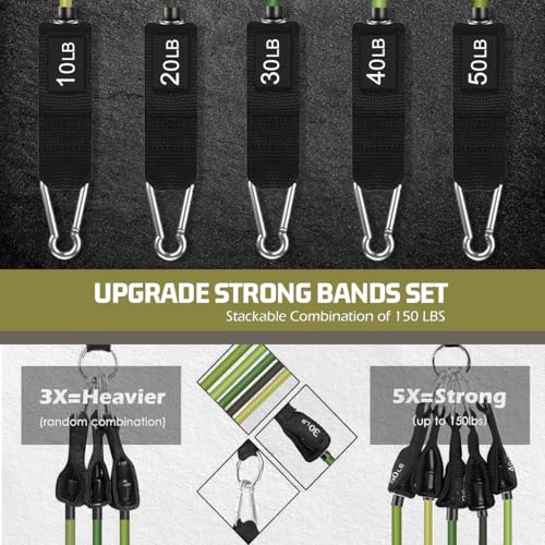 VEICK 10-150LBS Resistance Bands with Handles, Ankle Straps, Door Anchor | Accredited Lab Certified, 100% Natural Latex, Versatile for Yoga, Pilates, Strength, Home Gym - color: Army Green, style: 10-150LBS