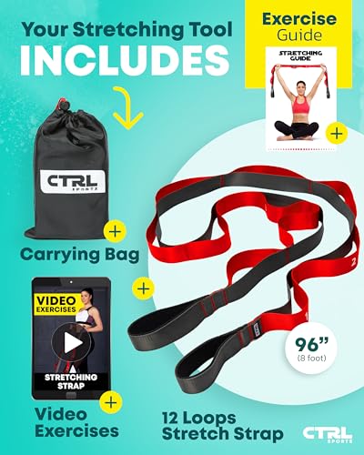 Stretching Strap with Loops - Non Elastic Stretch Band for Physical Therapy, Yoga Strap for Stretching Equipment, Stretch Bands for Exercise and Flexibility - Fascia, Hamstring & Leg Stretcher Belt - style: 12 Loops - Red