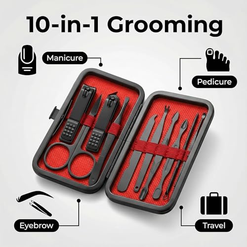 Luxury 10-in-1 Professional Manicure Set - Premium Stainless Steel Nail Clippers & Grooming Kit with Elegant Travel Case for Ultimate Hand, Foot & Facial Care (Black/Red) - color: Black/Red