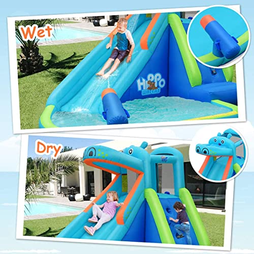 OLAKIDS Inflatable Water Slide, Hippo Themed Bounce House Water Park with Slide Splash Pool Climbing Wall Water Gun, Outdoor Inflatable Obstacle Course Jumping Castle for Kids Backyard with Blower - style: with 680W Blower