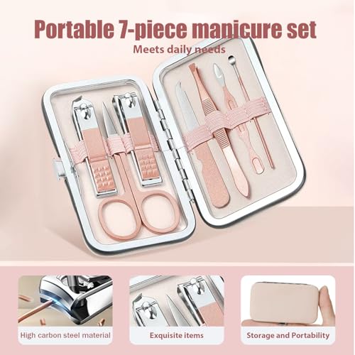 Manicure Kit for Women Men-Manicure Set with Case, Nail Clippers, Portable Nail Care Kit for Travel Home Personal Grooming（Rose Gold 7 in 1） - color: Rose Gold