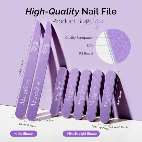 MelodySusie 7Pcs Nail Files 100/180 Grit, 2 Standard & 5 Mini Mixed-Shape Emery Boards for Acrylic, Gel and Natural Nails, Portable Travel Manicure Pedicure Shaping Tools Kit, Purple - size: 7Pcs Straight Shape