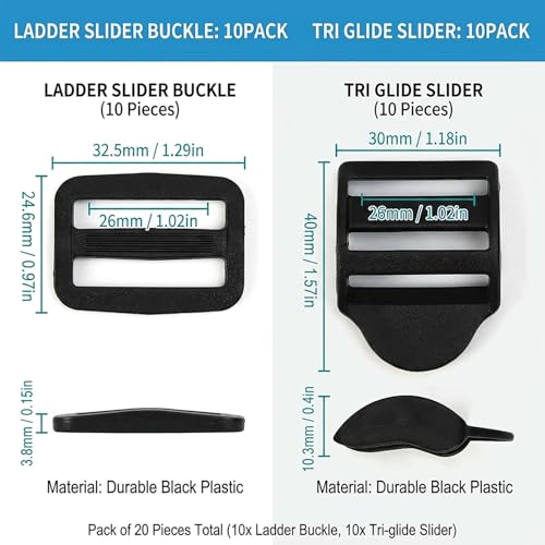 Ladder Lock Tri Glide Slide - Adjustable Strap Clips for Backpack/Gear Straps - Fits 3/4",1",1-1/4",1-1/2",2" Webbing - color: 10-pack for 1" Webbing