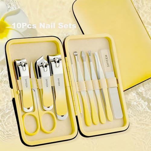 Manicure Set, 10 pcs High-Carbon Steel Nail Clippers Set, Portable Mini Manicure and Pedicure Kit, Travel Grooming Nail Kit with Leather Bag for Men and Women - color: Yellow
