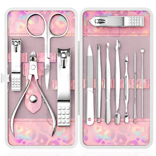 ZIZZON Nail Clippers Kit Manicure Pedicure Set with Holographic Case(Pink) | 12-Piece Set with Thicker Steel, Precision-ground Cutting Edges, and Smooth-finished Tools for Clean, Precise Trimming. - color: Pink