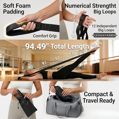 Stretching Strap with 12 Loops-Non-Elastic Physical Therapy with Carry Bag | Premium non elastic yoga straps for injury recovery, rehab flexibility training, hamstring stretch & physical therapy