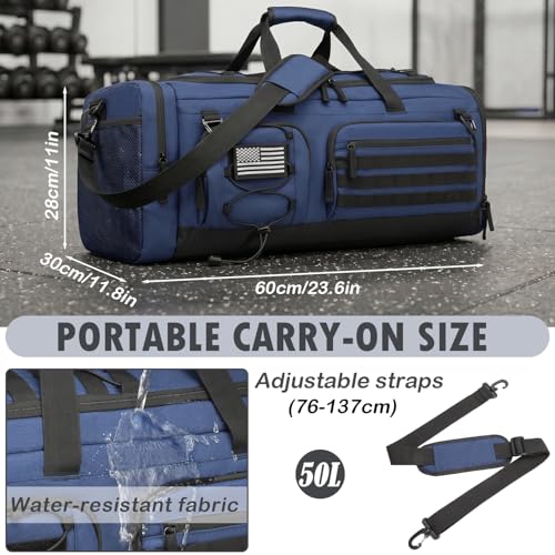 50L Tactical Gym Bag for Men and Women with Shoe & Laptop Compartment | Extra Large Duffle Bag, 3-in-1 Travel Sports Duffel Bags MOLLE Weekender Overnight Bag for Gym, Travel, Black+ Blue - color: Black+Blue