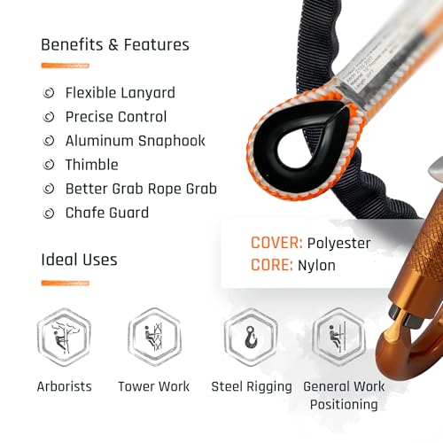ProClimb Arborist Lanyard by Pelican Rope – 1/2 in x 12 ft Polyester, Aluminum Snap Hook, Adjustable, High Visibility, ANSI/OSHA Certified for Work Positioning, Made in the USA