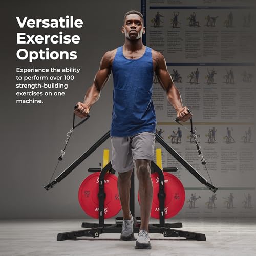 Sunny Health & Fitness All-in-One Pulley Cable Home Gym Strength Trainer | Resistance Band Holder, Foot Plate, Adjustable Angles, Olympic Plate Ready, Bi-Directional Cables, Full Range Motion