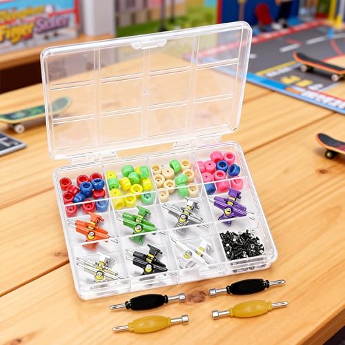 156PCS Fingerboard Repair Kit -Includes Case & Tools-Mini Finger Skateboard Parts Include 14 Multicolors Trucks & 48 Multicolour Bearingless Wheels & 60 Screws & 30 Nuts & 4 Screwdriver - color: Multicolour Trucks & Box #B