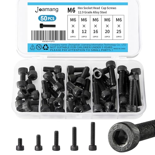 M6 x 8mm 12mm 16mm 20mm 25mm Hex Socket Head Cap Screws Bolts, 12.9 Grade Alloy Steel, Black Oxide Finish, Metric Allen Drive, Fully Threaded, Assortment Kit 50Pcs - size: Socket M6x8-25 mm
